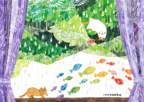 「魚の虹と雨とネコたち」B5/水彩ほか