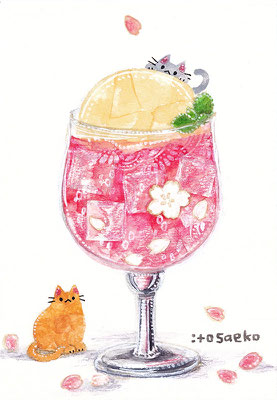 「桜のクリームソーダとネコ」105×150mm/水彩ほか
