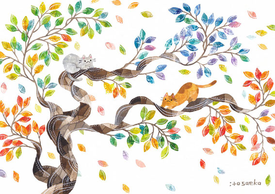 「カラフルな葉の樹とネコたち」B5/水彩ほか