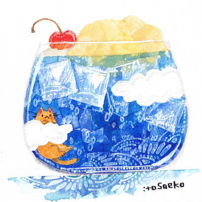 「8月のクリームソーダとネコ」90×90mm/水彩ほか