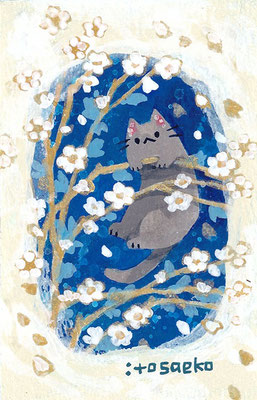 ミニ額入り原画「青と花」約53×84mm/アクリルガッシュ