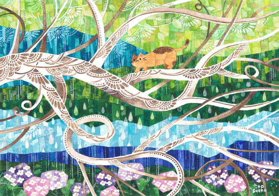 「雨の日の枝の上のネコ」B5/水彩ほか