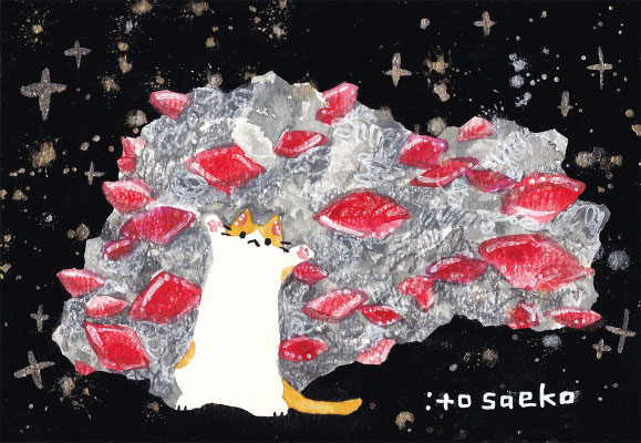 「鉱物とネコ14」89×128mm/水彩ほか