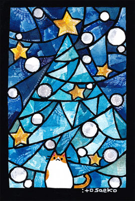 「クリスマスのステンドグラスとネコ1」102×152mm/水彩ほか