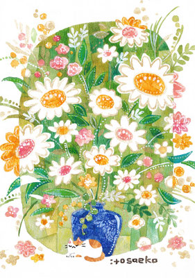 「花を飾り始めたネコ」127×178mm/水彩ほか