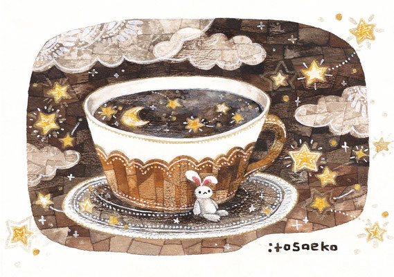 「夜の珈琲とウサギ」127×178mm/水彩ほか