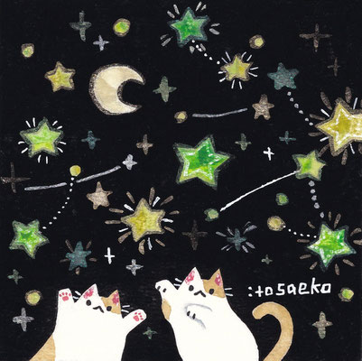「夜空とネコ3」90×90mm/水彩ほか