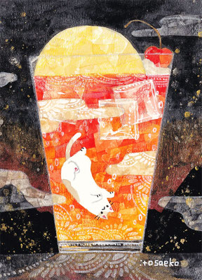 「クリームソーダと夕焼けとネコ」127×178mm/水彩ほか