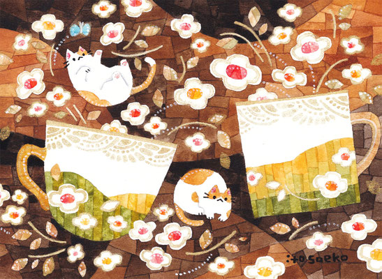 「2つのカップと花とネコたち」130×180mm/水彩ほか