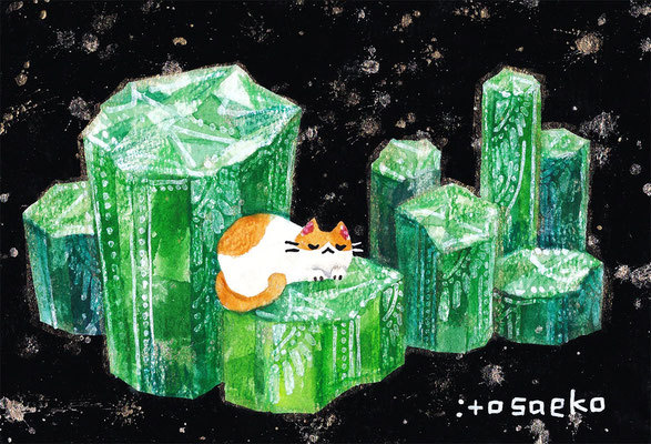 「鉱物とネコ13」89×128mm/水彩ほか