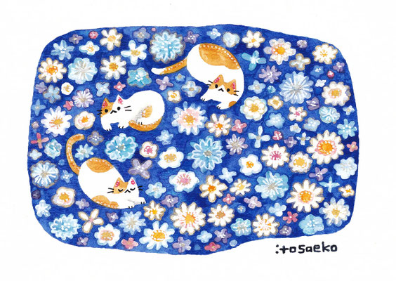 「青につめた花とネコたち」130×180mm/水彩ほか