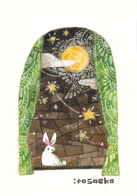 「緑のカーテンと月とウサギ」89×127mm/水彩ほか