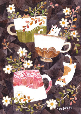 「お茶会の始まりとネコたち」130×180mm/水彩ほか