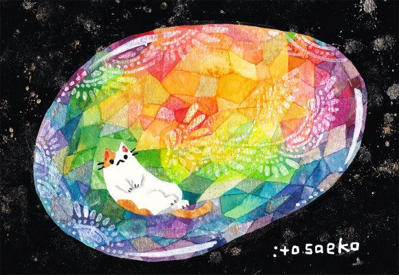 「宝石とネコ6」89×128mm/水彩ほか
