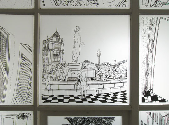 L'endroit le plus sûr  2016 . Tusche auf Zeichenfolie . Installation im Kunstraum SCHAU in Dresden