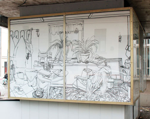 EIGENHEIM  2015 . Tusche auf Papier . Intervention am Kunst- und Projektraum hr.fleischer in Halle (Saale)