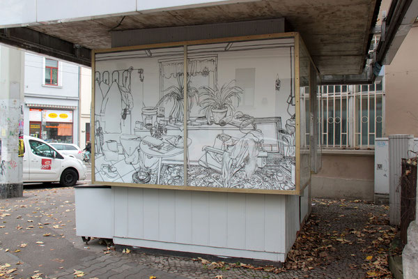 EIGENHEIM  2015 . Tusche auf Papier . Intervention am Kunst- und Projektraum hr.fleischer in Halle (Saale)