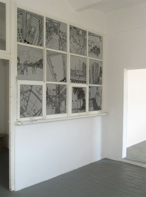 L'endroit le plus sûr  2016 . Tusche auf Zeichenfolie . Installation im Kunstraum SCHAU in Dresden