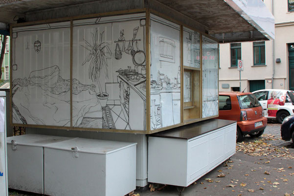 EIGENHEIM  2015 . Tusche auf Papier . Intervention am Kunst- und Projektraum hr.fleischer in Halle (Saale)