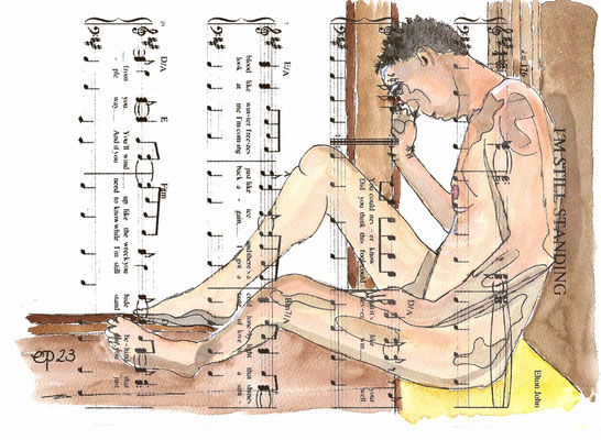 "I'm still standing...", October 11, 2023 @anthoneb1988 (aquarel on paper sheet music, 21x29,7 cm)