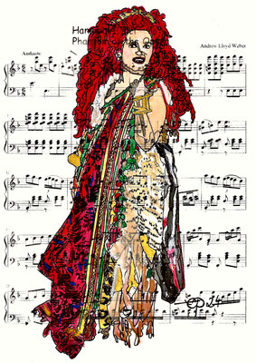 "Hannibal, Wilde Frau, Phantom of the Opera" 2024 January 11 (aquarel, acrylic on paper, sheet music, 21x29,7)