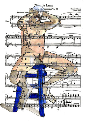 "Clair de lune", August 2023 (aquarel on paper sheet music, 21x29,7cm)
