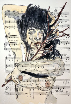 Lifedrawingsession with artmodel @bluede_model2, Nicole, 21-01-2023 (aquarel on sheetmusic, 21,9x30 cm)