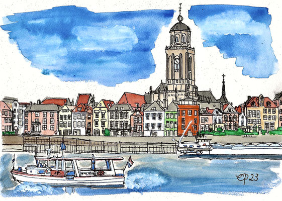 IJsselkade Deventer, augustus 2023 (aquarel op papier, 21,8x29)