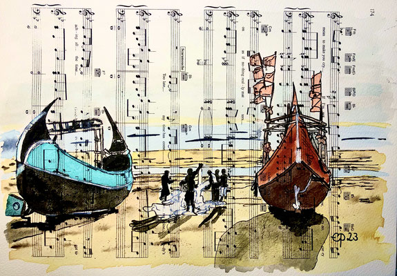 "Bengaalese vissers", photo JaapKroon Fotografie, dezember 2022 (aquarel on sheetmusic, 29 x 21,8)