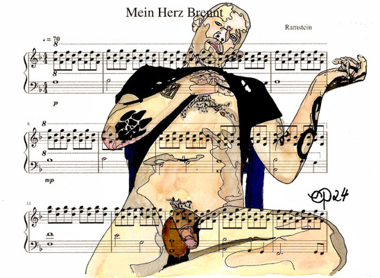 "Mein Herz Brennt" (My heart is burning, Rammstein) May 27, 2024 (Aquarel on paper, sheet music, 21x29,7)
