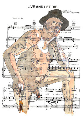 "Live and let die", August 28, 2023.@bareitallfiguremodel(Aquarel on paper, sheet music, 21 x 29,7 cm)