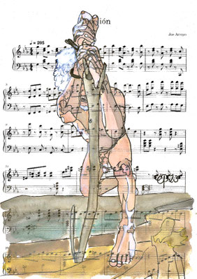 "Rebelión", October 17, 2023, @lorent_live_model (aquarel on paper sheet music, 21x29,7 cm)