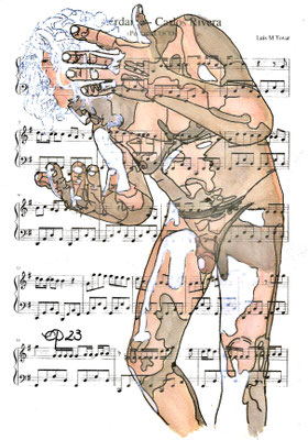 "Recuérdame - Carlos Rivera", October 17, 2023 @lorent_live_model (aquarel on paper sheet music, 21x29,7 cm)