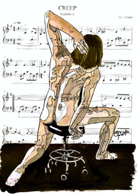 "Creep" February 28, 2024 (aquarel on paper, sheet music, 21x29,7)