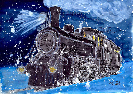 "Polar Express", December 9, 2023 (aquarel and acrylic op paper, sheet music, 21x29,7)