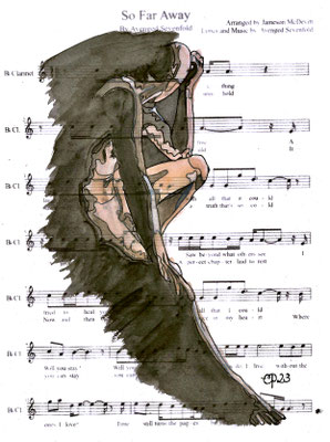“So far away”, Model: @artisticintentionsmodeling, July 2023 (acrylic and inkt on sheet music, 21x29,8)