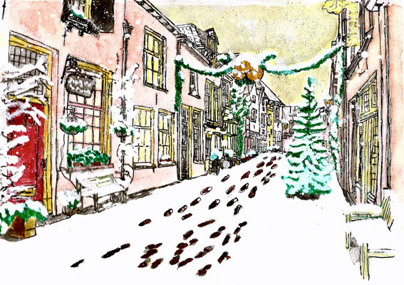 Walstraat, Deventer in de sneeuw!, december 2022 (aquarel op papier, 21,8 x 29)