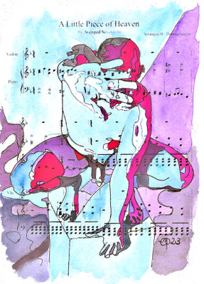 “A little piece of heaven”, Model: @artisticintentionsmodeling, July 2023 (acrylic and inkt on sheet music, 21x29,8)