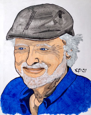 Portret Herman met cap, november 2021 (acryl, 24x30)
