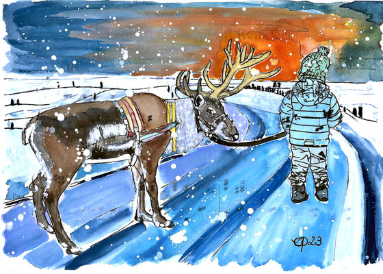 Rudolph, the Reindeer! December 2023 (Aquarel on paper, sheet music, 21x29,7 cm)