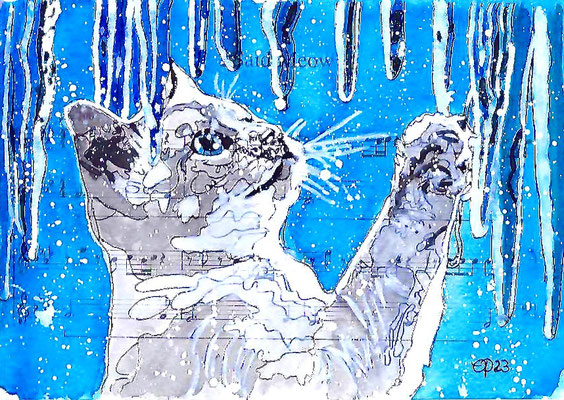 "Ice cat", December 11, 2023 (aquarel on paper, sheet music, 21x29,7)