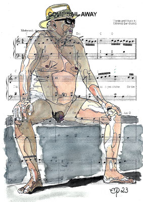 "Come sail away", August 28, 2023.@bareitallfiguremodel(Aquarel on paper, sheet music, 21 x 29,7 cm)