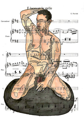 "E lucevan le stelle", October 15, 2023 @luiggiartmodelling (Aquarel on paper, sheet music, 21x29,7)