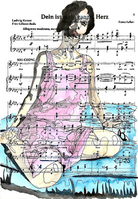 Vanessa 2, september 2023 (aquarel on paper, sheetmusic, 21x29,7 cm)