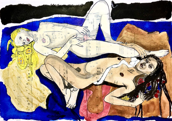 Lifedrawing Session, May 31, 2023. Host: Helen Roeten, models Mariana: @mar.artmodel and Linna @linna_ocqmpo (auqarel on paper, 21x29,8)