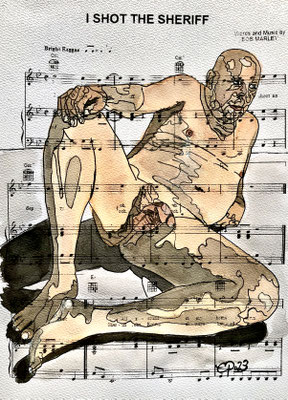 "I shot the sheriff", September 4th, 2023.@bareitallfiguremodel(Aquarel on paper, sheet music, 21 x 29,7 cm)