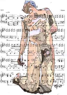"Skyfall", January 17, 2024 (aquarel on paper, sheet music, 21x29,7)