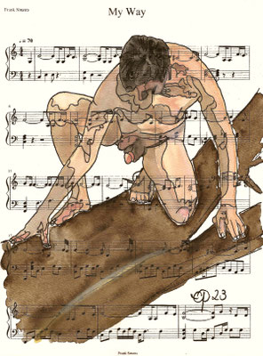 "My Way", October 2023, 14 @david_lorenzoart for your photo (Aquarel on paper, sheet music, 21x29,7)
