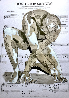 Drawing Bryan II, June 2023, Model: @bryan_k_art (aquarel on paper sheetmusic, 21x29,8)