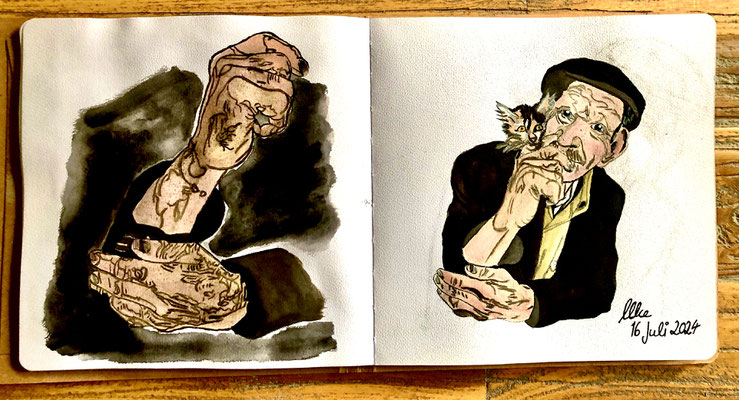 "Handen and Portrait", Sketchbook July 16, 2024 (aquarel, paper, sketchbook, 20x20 cm)